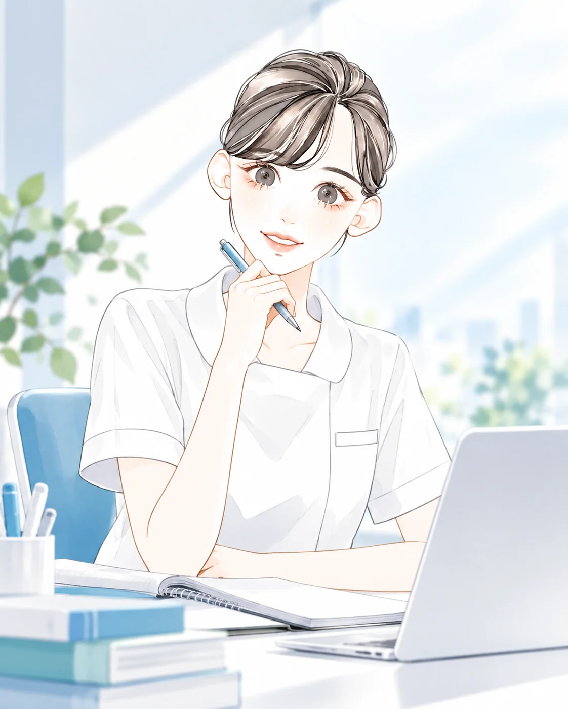 ノートパソコンの前で考えごとをする看護学生のイラスト