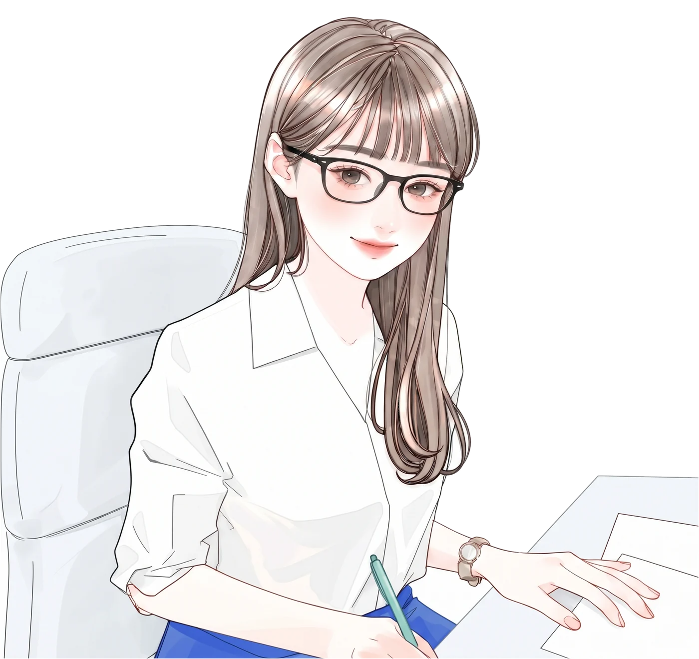 机に向かい、ペンを手にこちらへほほえむ講師のイラスト