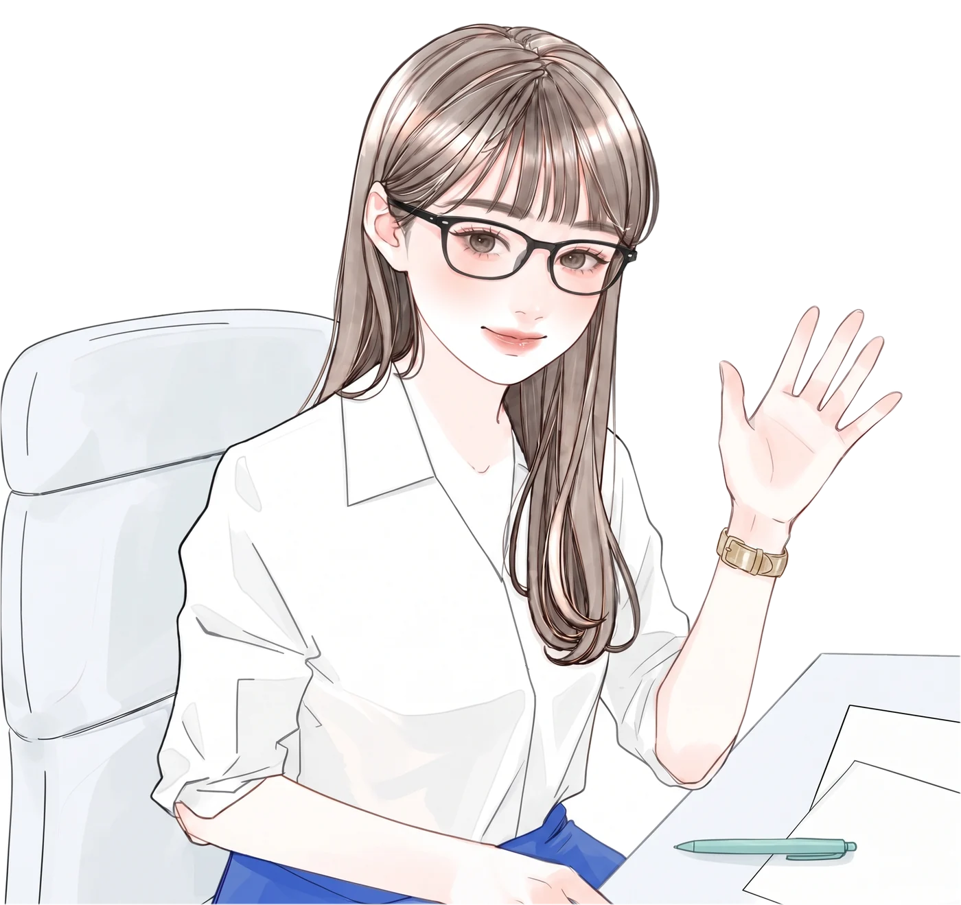 机に向かい、こちらにほほえみながら手を振る講師のイラスト