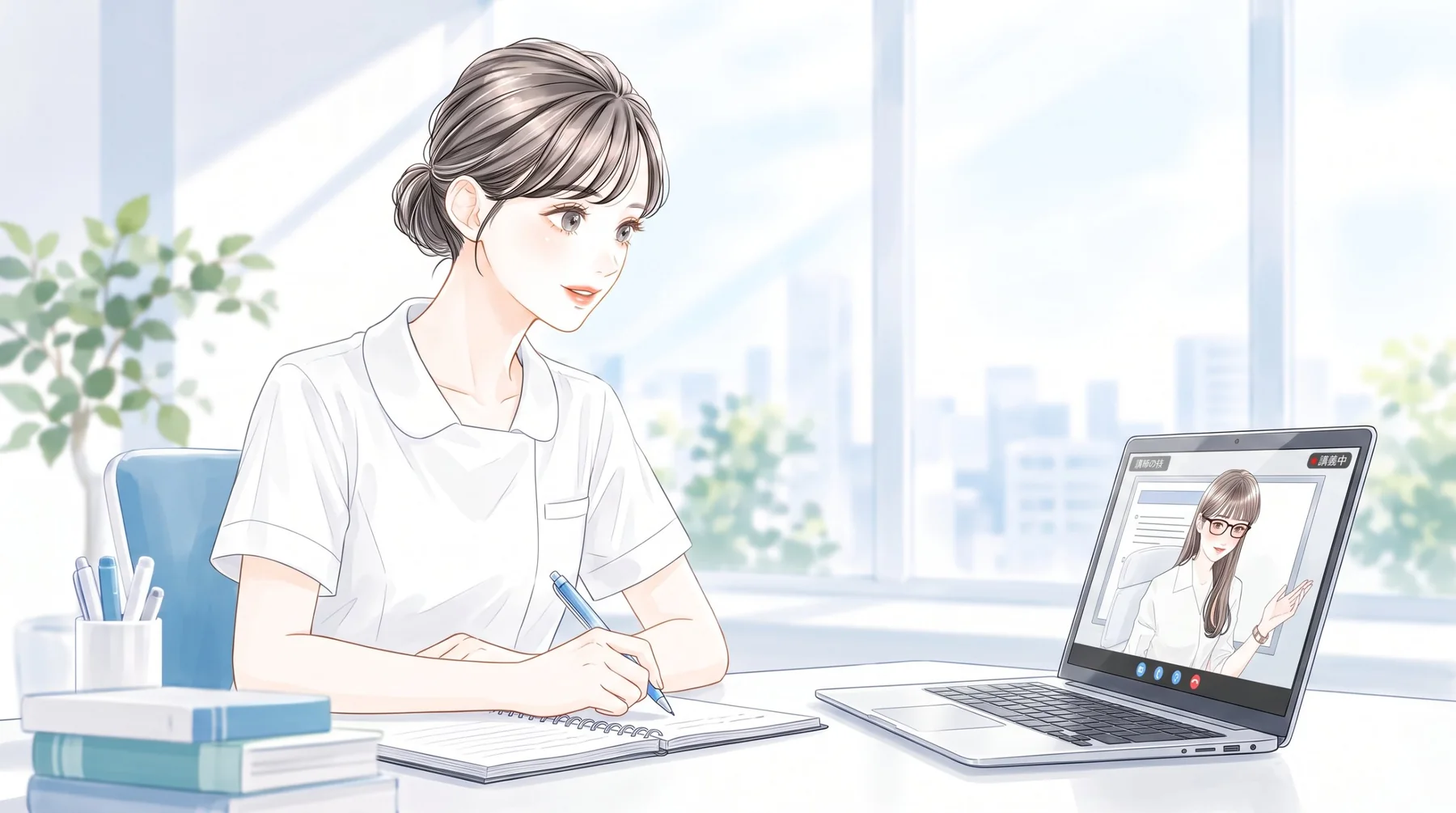 ノートをとりながら、パソコンの画面越しに講師の話を聞く看護学生のイラスト
